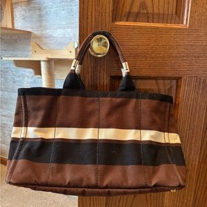 Authentic Prada Canvas Striped Tote Bag Brown Cream Large Shopper